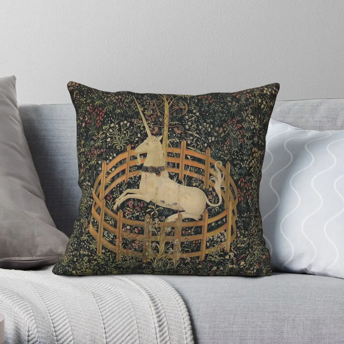 Medieval Unicorn In Captivity Floral Pillowcase Polyester Linen Velvet Creative Throw Pillow Case Sofa Seater Cushion Cover