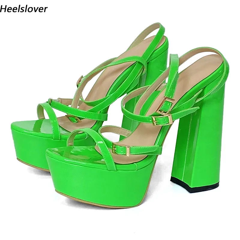 Ahhlsion New Women Platform Sandals Buckle Strap  Block Heels Round Toe Gorgeous Green Party Shoes Ladies Plus US Size 5-15