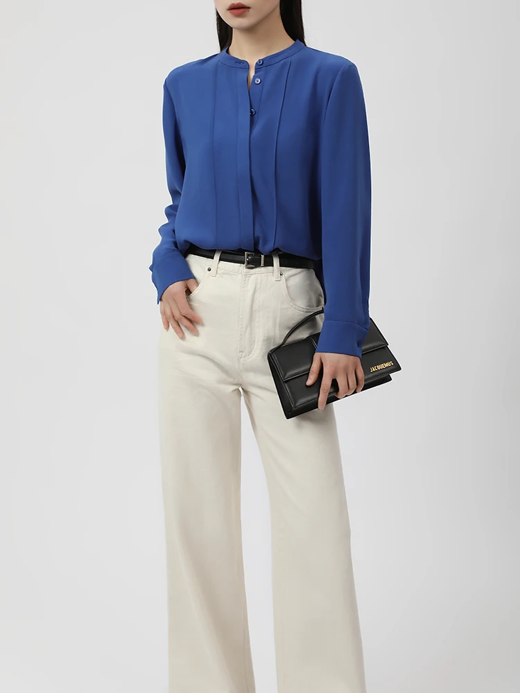 

Jaimin New Arrival Tee-acetate Anti-wrinkle Commute round Ne irt Korean Sle Straight Cut Long Sve Women's Blouse