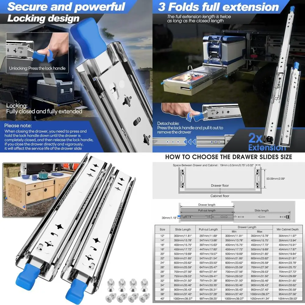 

Heavy-Duty Locking Slides for 230 lb Load Capacity, 12-40 Inch Extension, Ball Bearing Side Mount Rails