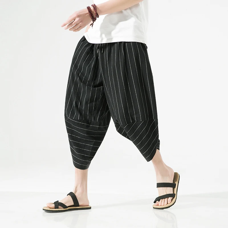 2023 Summer Harajuku Casual Men's Pants Calf Length Wide Leg Cotton Striped Harem Baggy Pants Fashion Men's Clothing