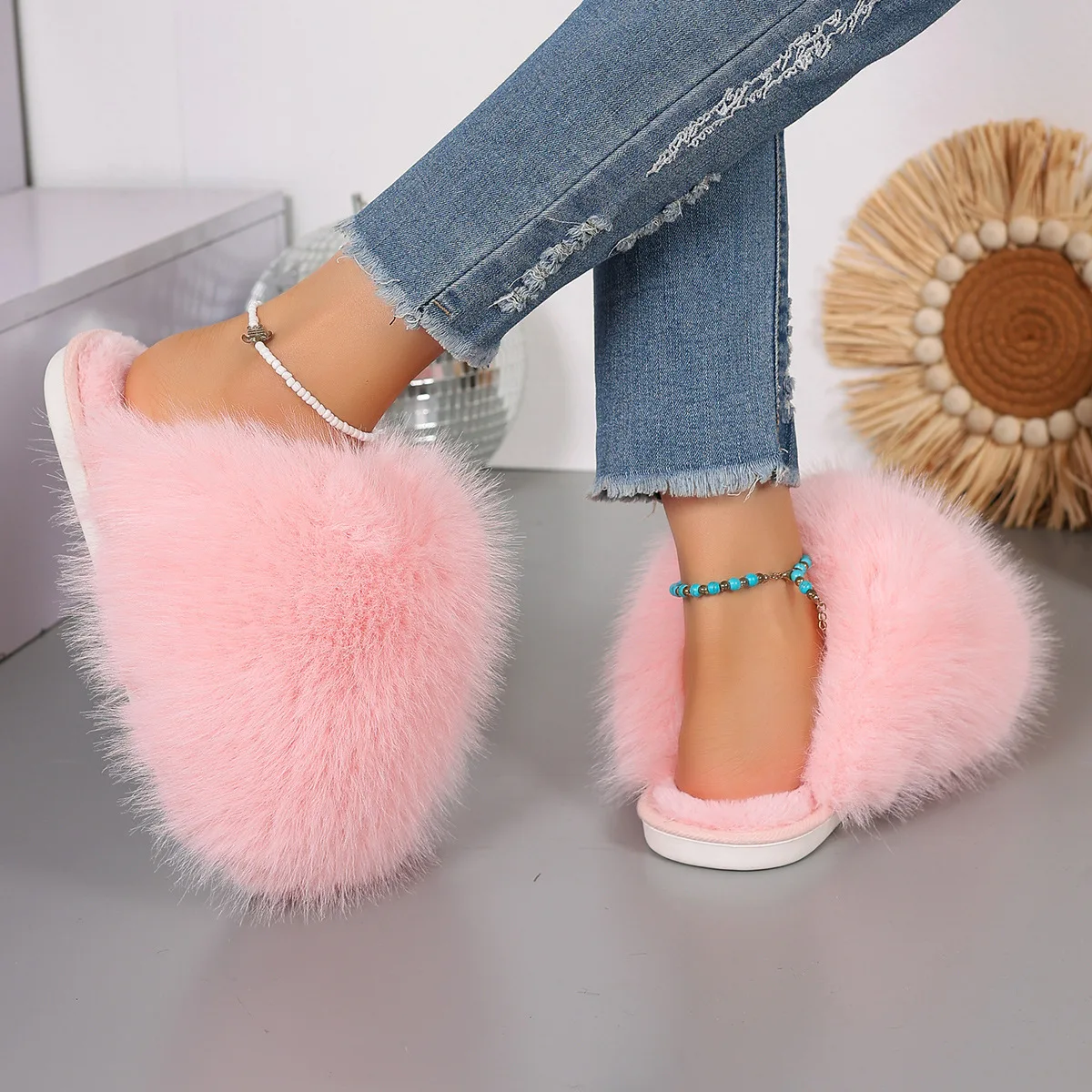Faux Fur Fluffy Slippers For Women Indoor Street Slides Solid Color Warm Plush Girls Fashion House Shoes Anti-slip Big Size 42 - Image 5