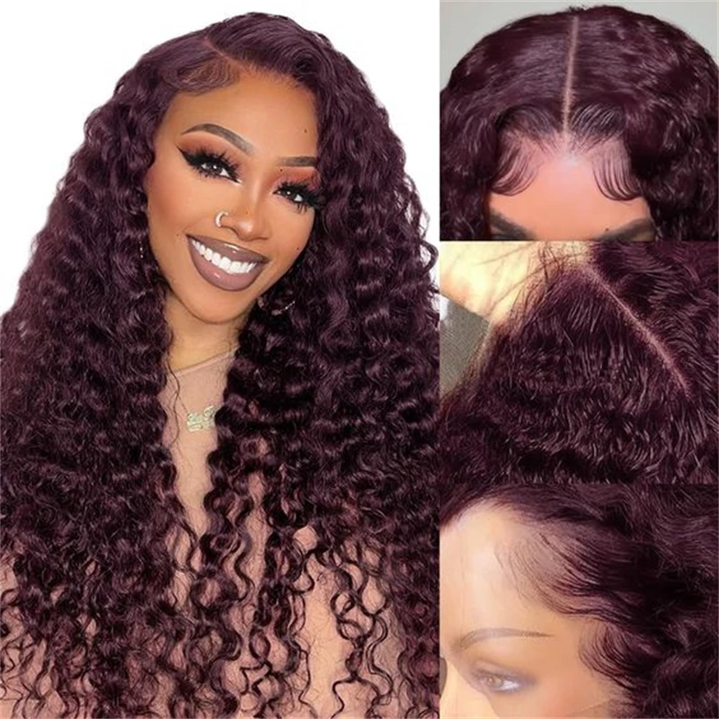 Dark Purple Burgundy HD Lace Front Wigs Deep Water Wave 13x4 Lace Frontal Wigs Colored Curly Human Hair Wigs