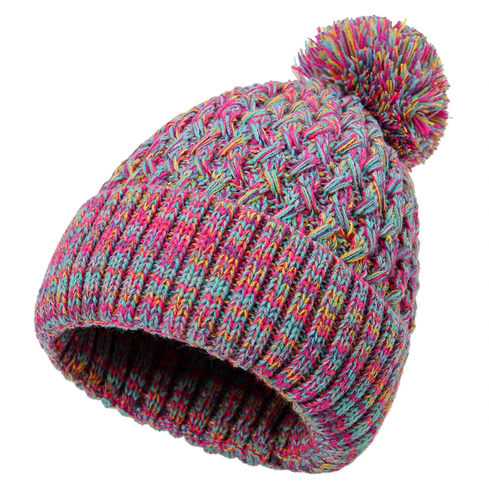 Ladies Single Layer Knitted Hat with Colorful Ball Pom Winter Head Warmth Pineapple Patterned Cap Beanie with pom-pom‌