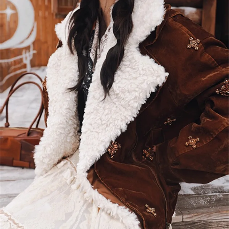 

TIYIHAILEY Winter Women Outerwear Coats Jacket Warm Beading Thick High Quality lamb fleece New 2025 detachable Collar Brown