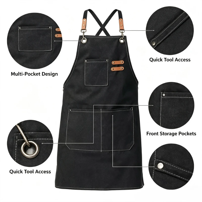 Breathable Household Canvas Apron Oil‑proof Wipeable Hands Kitchen Cooking Apron With Tool Pockets Fashion Coffee Over Apron