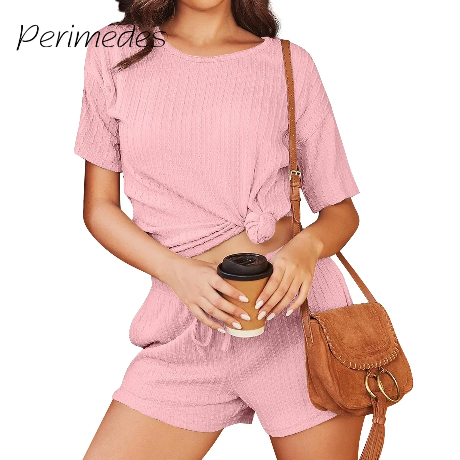 

Women'S Casual Shorts Set Fashionable Short-Sleeved Ribbed Shorts Sets Sexy Comfortable Breathable Solid Color Shorts Set