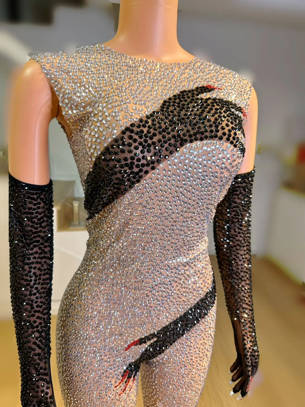 Funkelnde Strass steine sexy Hand muster Overall mit Handschuhen Geburtstag feiern Outfit Frauen tanzen Performance Kostüm Heishou