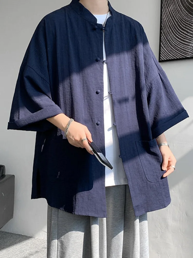 

Новая китайская мужская льняная рубашка с коротким рукавом, летний ретро-костюм Ханьфу, даосский халат, костюм Чжунгань, костюм Тан, костюм Маця.