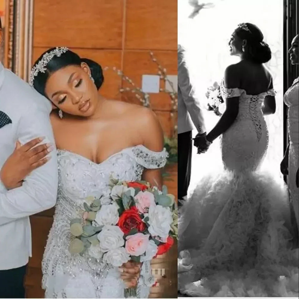 تخصيص الدانتيل الأبيض الأفريقي حورية البحر طويلة الأكمام مغرفة الرقبة زي العرائس انفصال قطار الكنيسة العروس فساتين الزفاف زائد