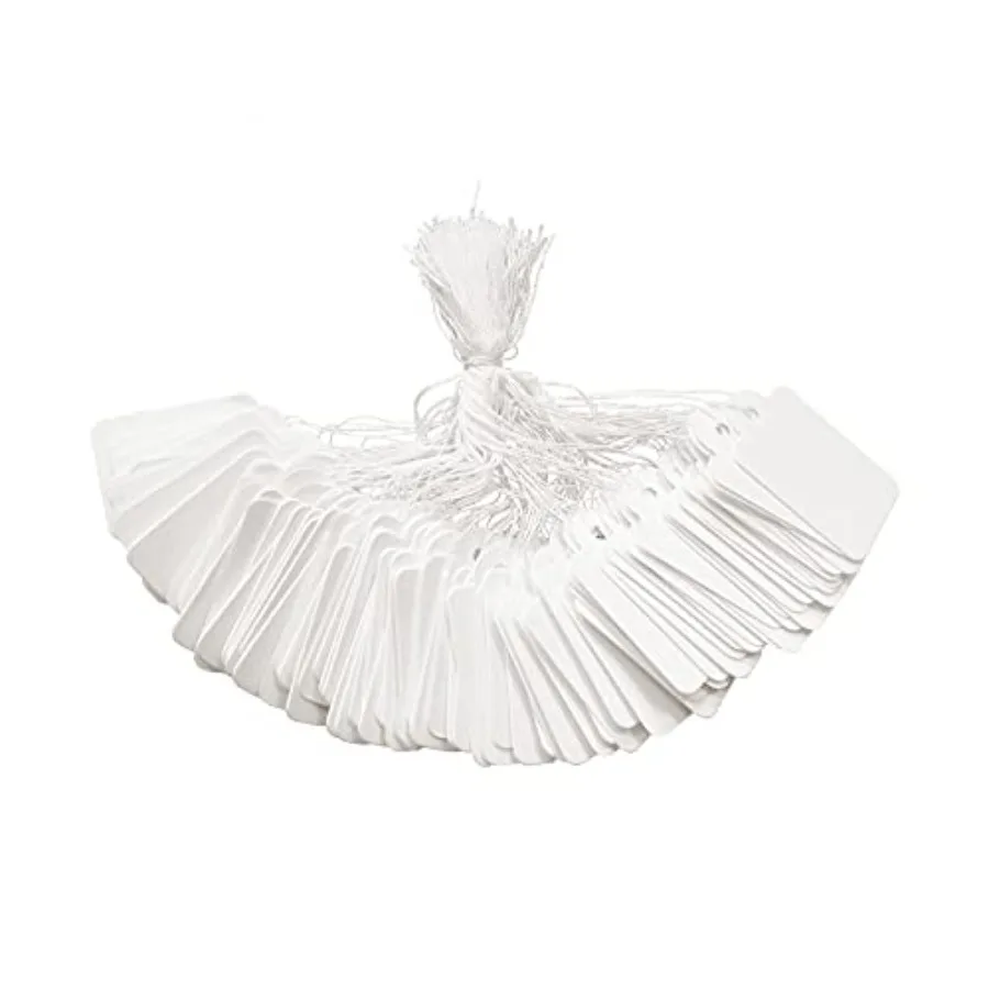 200 علامة عرض بيضاء مع سلسلة للملابس والمجوهرات مقاس 1.38 × 0.87 بوصة