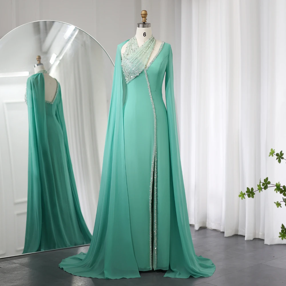 Elegant Chiffon Evening Dresses with Cape Sleeves Fashion Halter Beads Sequined Prom Gowns Side Slit Wedding Party Dresses 2024