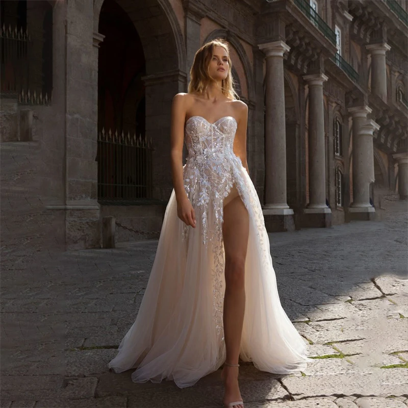 Off Shoulder Champagne Wedding Dresses Sweetheart Appliques Sequins A Line Front Split Brides Married Gowns 2021 Formal