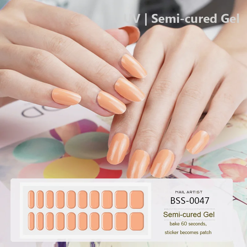 Gel unhas adesivos, 20 tiras, cor sólida, semi-polonês, cobertura completa, lâmpada led uv, unha arte decorações, encantos