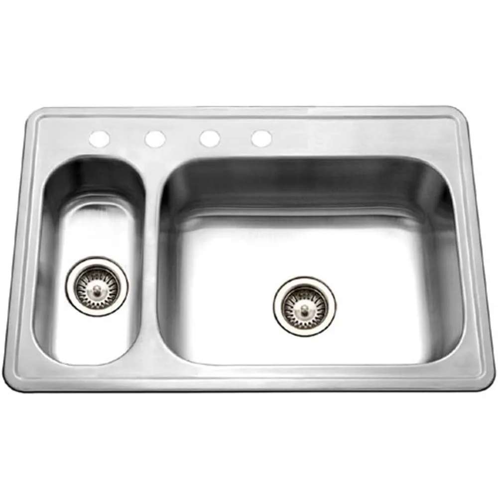 

Stainless Steel 33 Topmount 4-Hole Double Small Left Bowl Kitchen Sink with Strainer by Houzer Legend