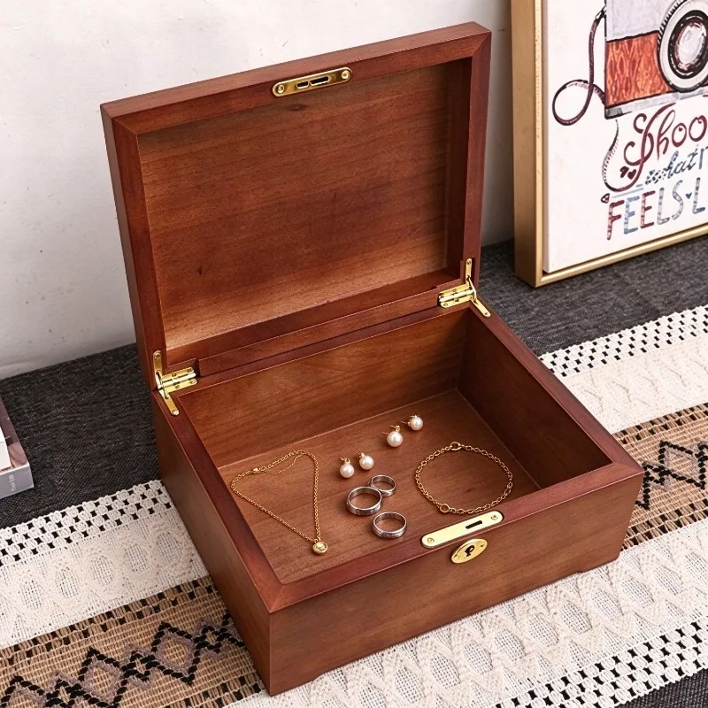 Wood Jewelry Storage Box Retro Necklace Collection Case Bracelet Ring Earrings Organizer Boxes Desktop Display Cases with Lock