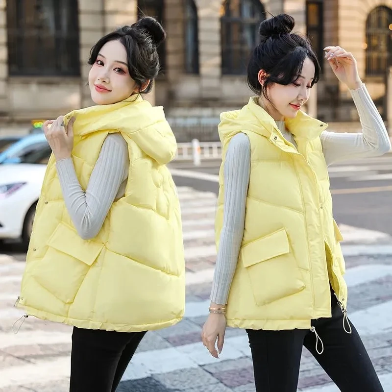 New 2024 Autumn Winter Puffer Vest Women Loose Hooded Sleeveless Short Vest Jackets Cotton Padded Winter Waistcoat Outwear