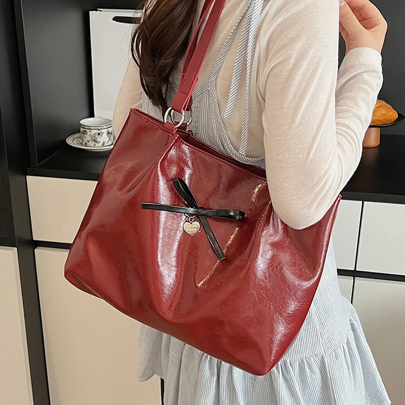 

Bow Large Capacity Tote Bag Women Summer New Korean Rectangle PU Leather One Shoulder Bags Fashion Commute High End Handbag