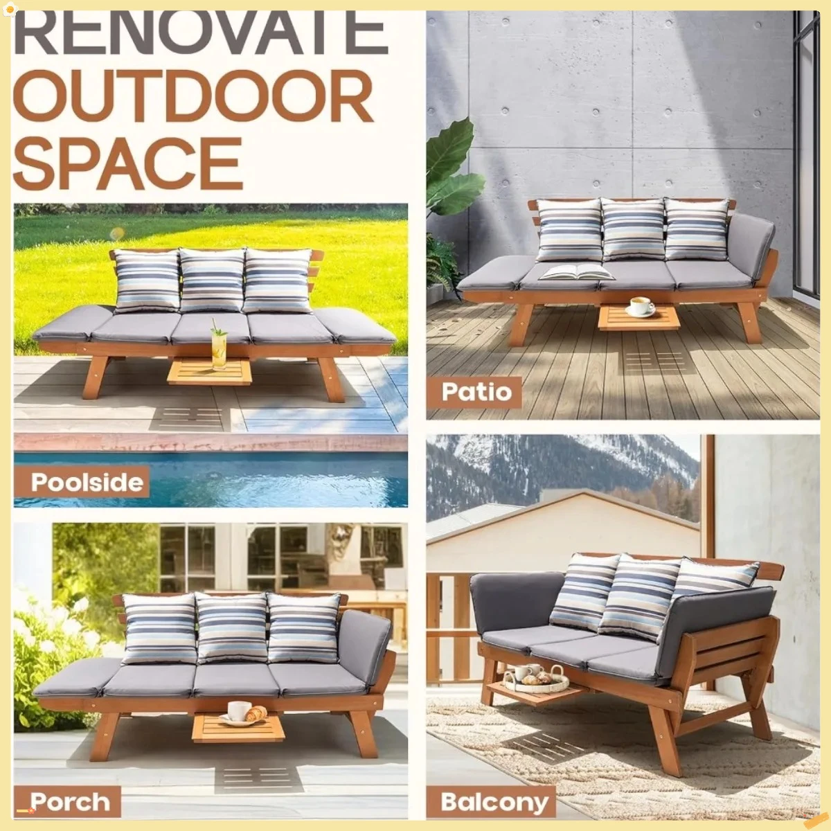 أريكة خارجية قابلة للتحويل من الأوكالبتوس، أريكة فناء بسعة 750 رطل مع مسند ذراع قابل للطي وصينية قهوة