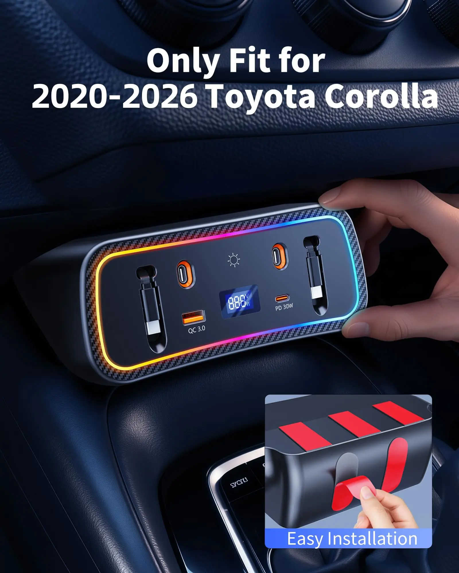 Eary Car Fast Charger Usb Hub with RGB Light for Toyota Corolla 2026-2020 Accessories 4-Port Docking Station & Retractable Cable