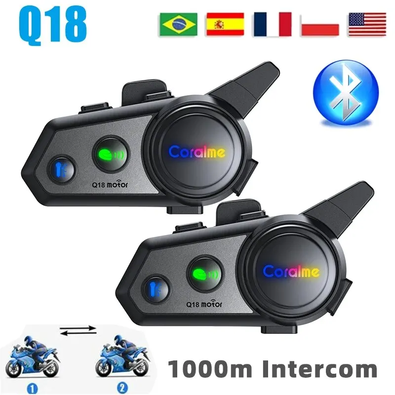 Q18 Motorcycle Helmet Headset Bluetooth Intercom IPX6 Waterproof Support for 2 person 1000m Interphone Music Player & Sharing