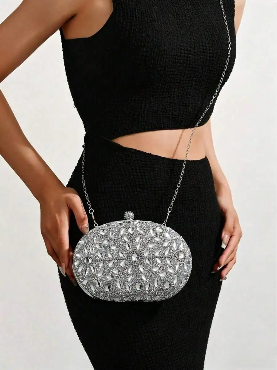 

Sparkling Crystal Rhinestone Mini Box Clutch Bag With Detachable Chain For Evening Party Wedding