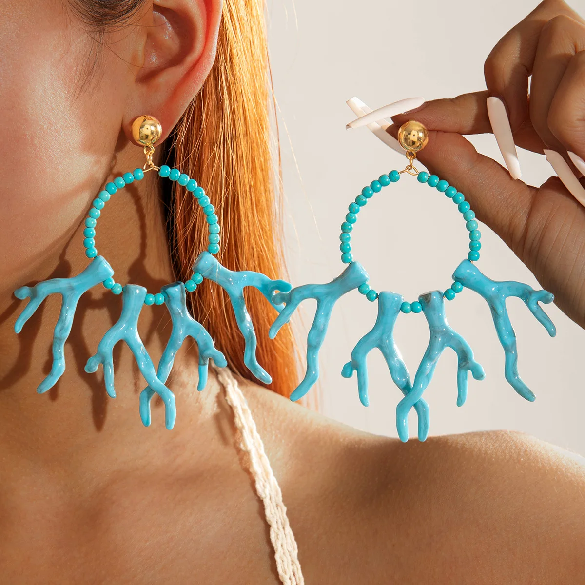 موضة المرجان الأحمر أقراط للنساء أنيقة تقليد اللؤلؤ نجم البحر أقراط بوهيميا الصيف الشاطئ مجوهرات الإكسسوار