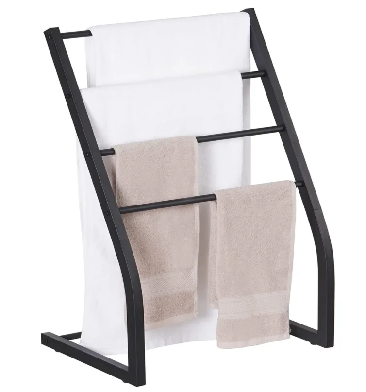 

4-Tier Metal Free Standing Outdoor Pool Towel Rack Oversized Bath Blanket Ladder Holder Display Stand Modern Black Storage Racks