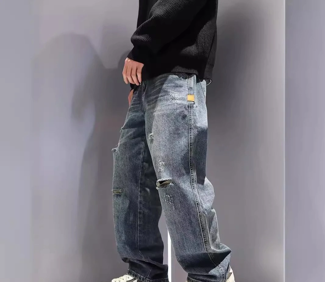 New Men's Ripped Jeans Baggy Straight Fashion Vintage Blue Denim Pants Personality Streetwear Hip Hop High Quality Male Trousers