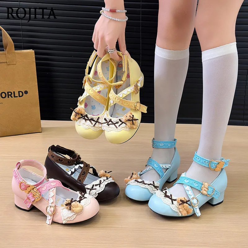 Cute Teddy Bear Lace Lolita Shoes Sweet Low Heel Princess Cute Jk Single Shoes Mary Jane Small Leather Shoes