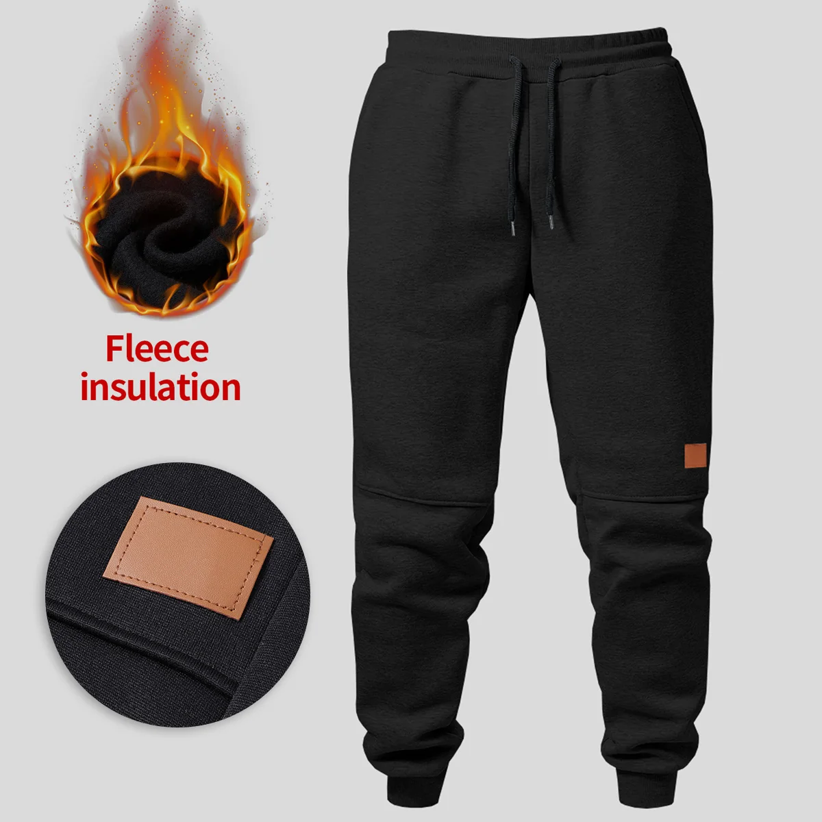 

Men's fleece-lined ankle-length pants, autumn and winter drawstring waist sports sweatpants, with leather label running pants