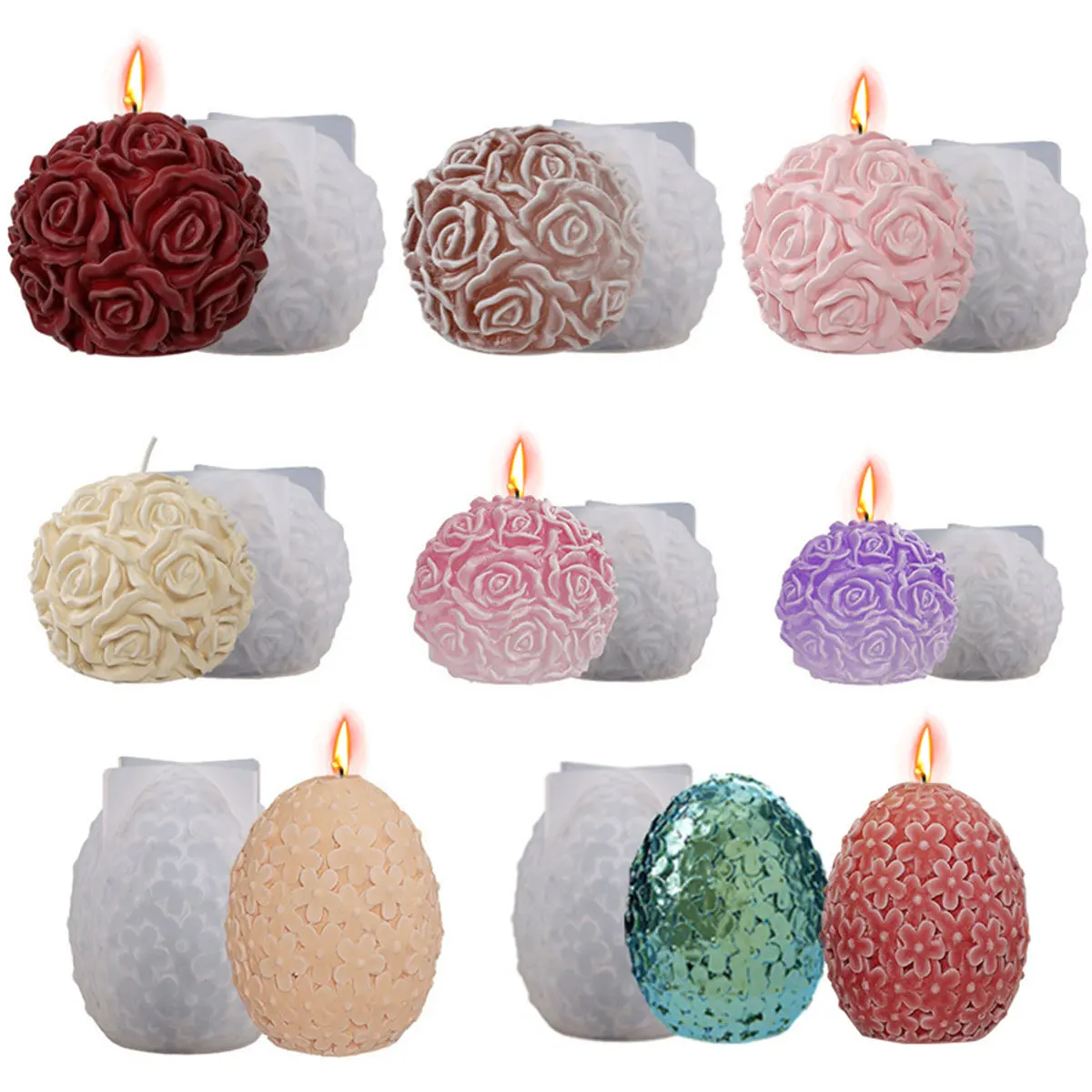 Multi Size Round Rose Silicone Candle Mold 3D Flower Ball Soap Resin Crystal Mould Chocolate Making Ice Tray Wedding Decor Gifts