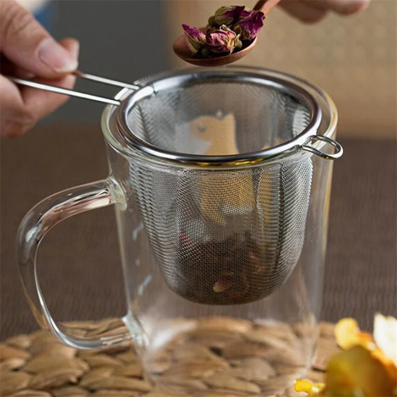 Infusor de té con mango, colador de hojas de té reutilizable de malla fina, filtro de harina de café, tamiz de mano para tetera, accesorios de cocina