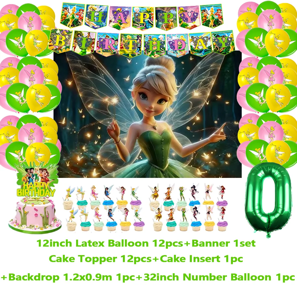 ديزني تينكر بيل موضوع حفلة عيد ميلاد زينة خلفية الكرتون الجنية الجان بالون كعكة توبر لوازم استحمام الطفل الدعائم