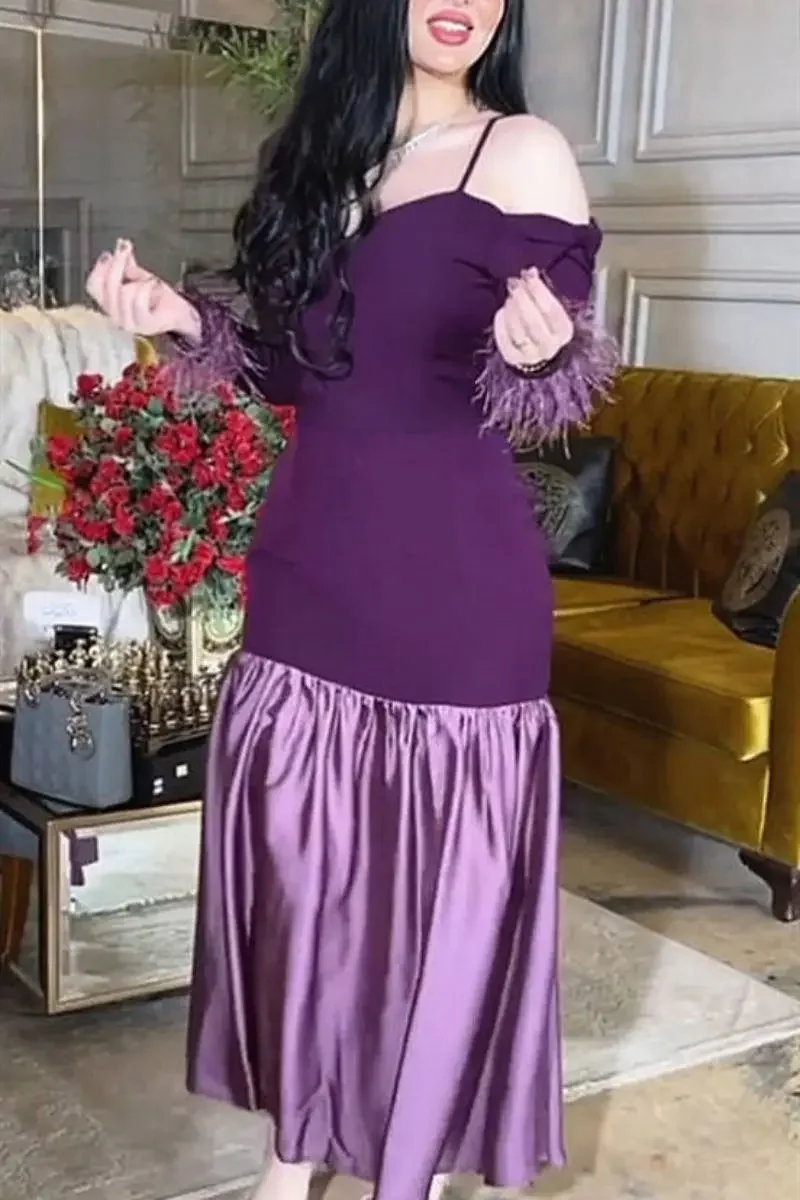 Vestido de fiesta Abaya de Dubái de la India para mujer, vestido Sexy de baile con plumas y cuello oblicuo, vestido de noche para graduación y boda, caftán marroquí