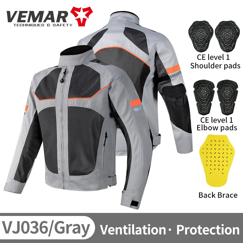 Motorbike Vemar Men's Jacket Breathable Mesh Moto CE Protection Motorcycle Riding Coat Guard Motocross Rider Clothing Black/Gray