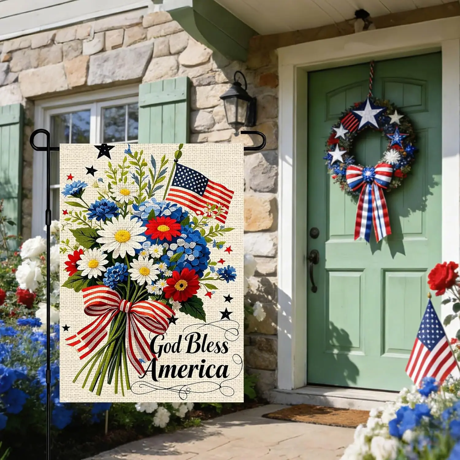 IVN 4th of July God Bless America Garden Flag 12x18 Inch Burlap Double Sided Wildflower American Flag Yard Patriotic Indepen WWP