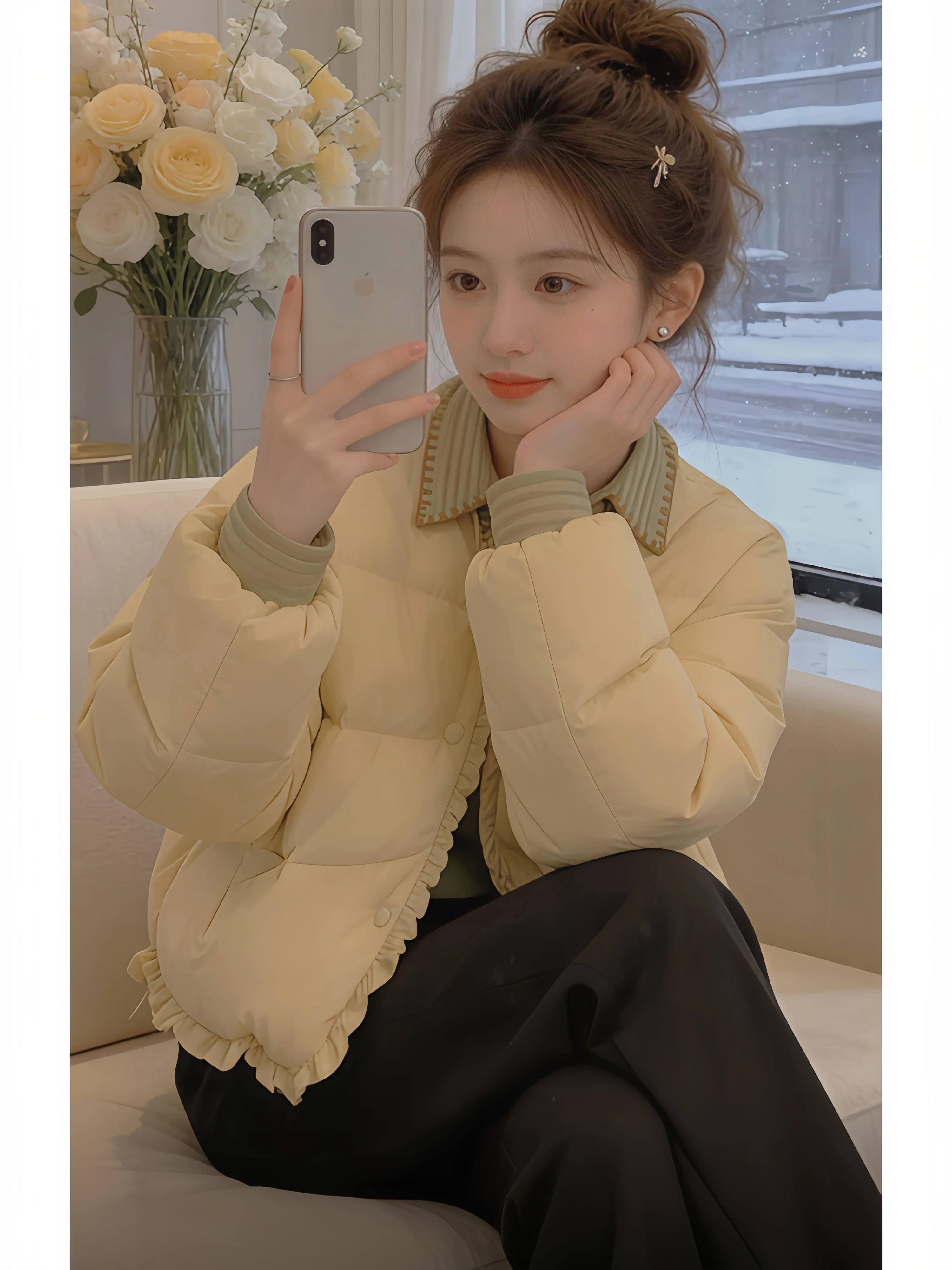 Retro Hong Kong Style Floral Lace down Cotton Jacket Women's Winter New Warm Loose Versatile Bread Style Thick Outerwear