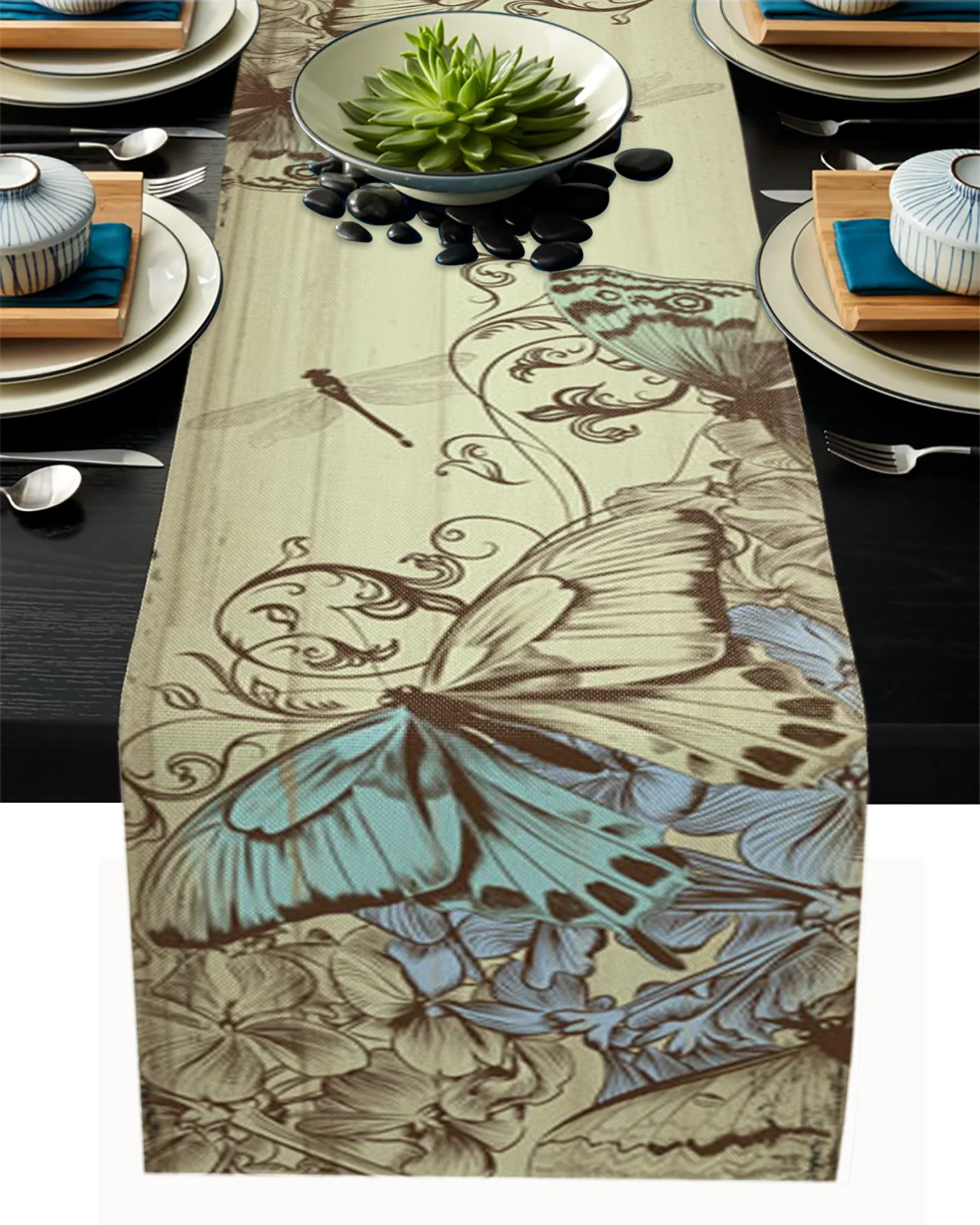 

Wood Grain Plant Butterfly Retro Linen Table Runners Kitchen Table Decoration Dining Table Runner Wedding Party Supplies