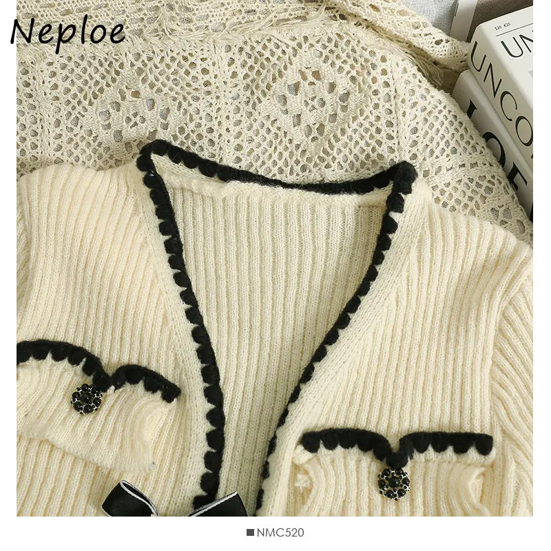 Neploe Autumn Winter Vintage Sweater Jacket V Neck Stripe Contrast Color Outerwear Bandage Bowknot Long Sleeve Cardigan Mujer