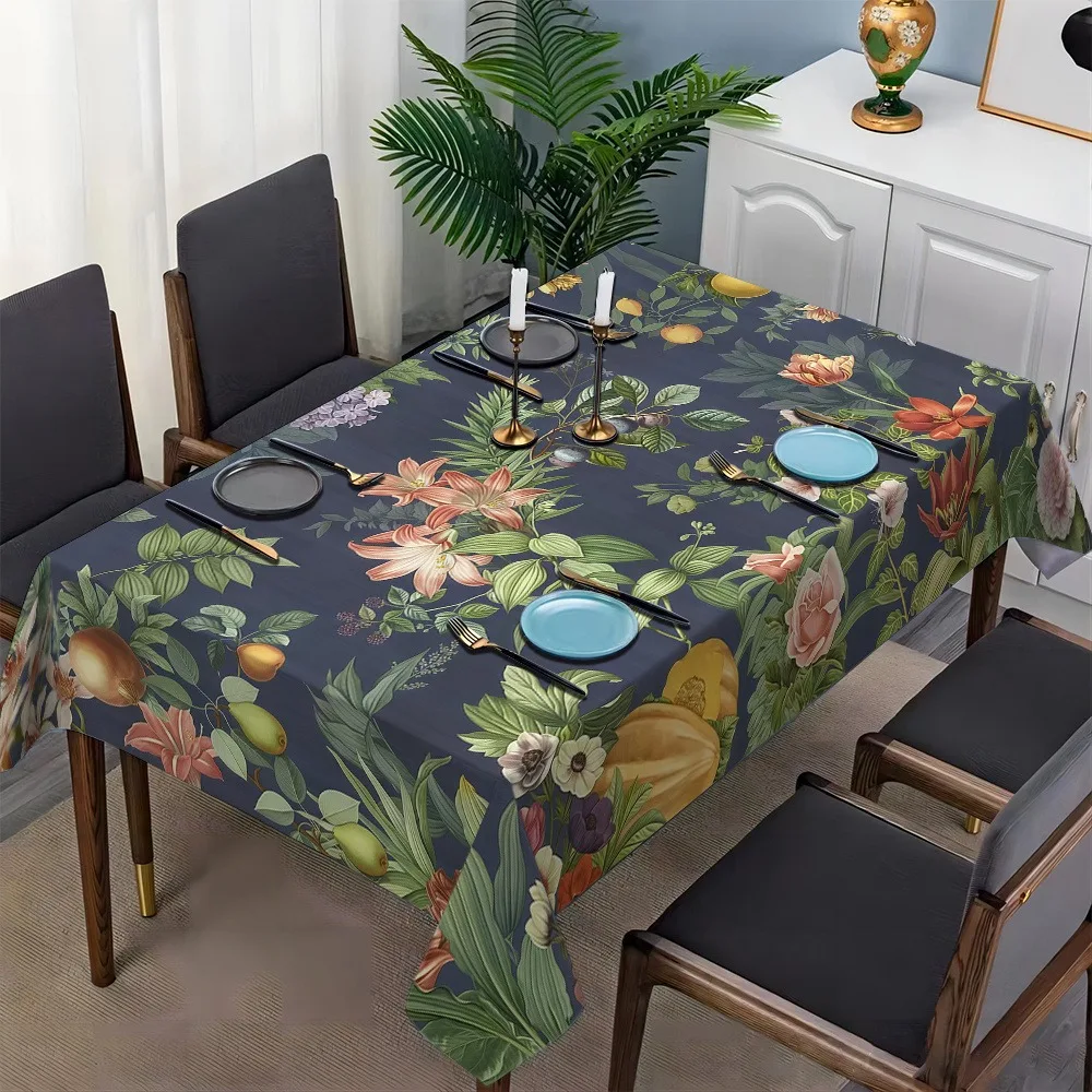 1pc of Multi-Size Rectangular Tablecloth with an Elegant Floral Design in Deep Blue, Featuring Vibrant Flowers And Fruits. Made