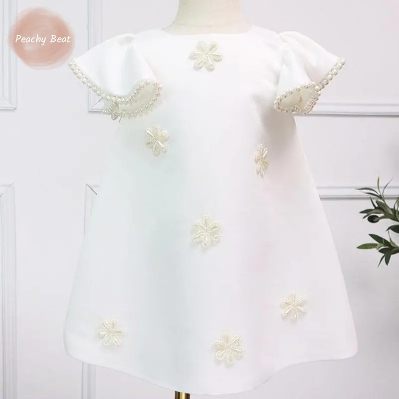 Baby Girl Princess Pearl Dress Fly Sleeve Infant Toddler Child Elegant White Vestido Birthday Party Wedding Baby Clothes 1-14Y