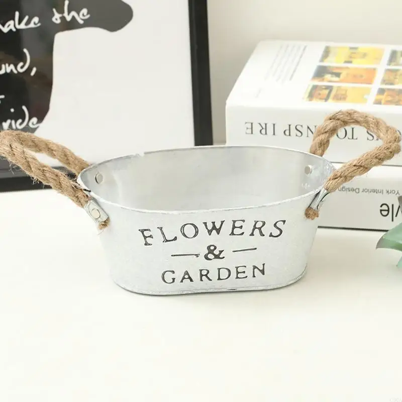 C90A Old Look Plant Metal Pot Container with Twine Handles