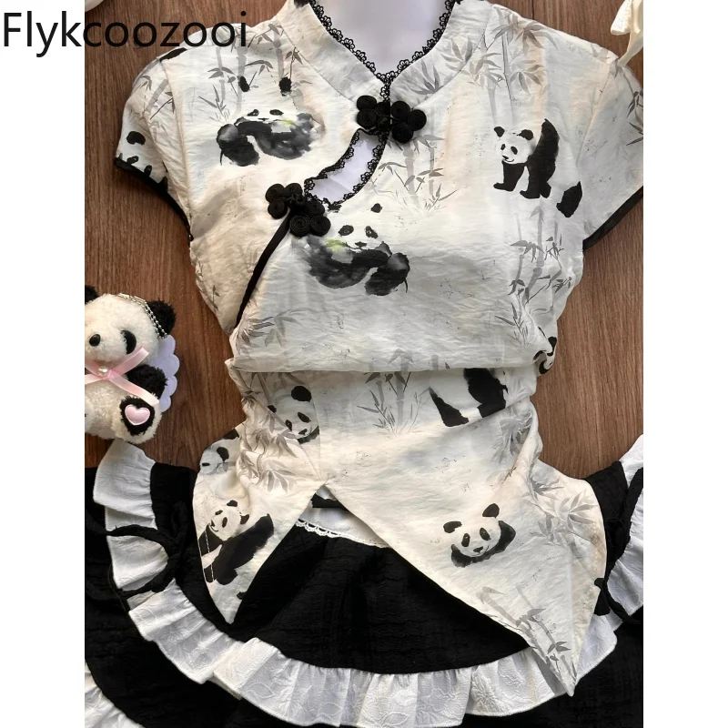 Cute Girl Sweet New Chinese Panda Print Top High Waisted Slimming Puffy Cake Shaped Skirt Maid Apron Set Conjuntos De Mujer