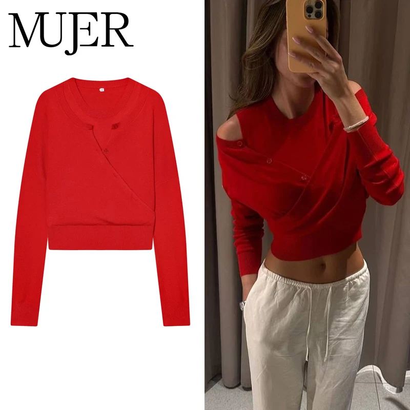 MUJER Red Cardigan Jumpers Women Double Layer Knitted Sweater Women off Shoulder Short Sweaters for Women Button Jersey Pullover