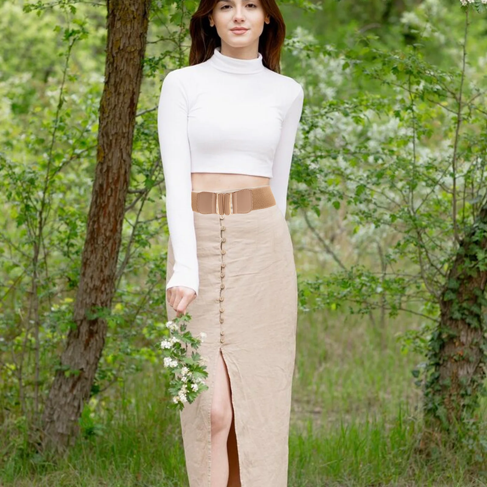 

Elegant Double Oval Buckle Stretchy Wide Belt for Women Artificial Adjustable Waist Cincher for Dresses and Skirts