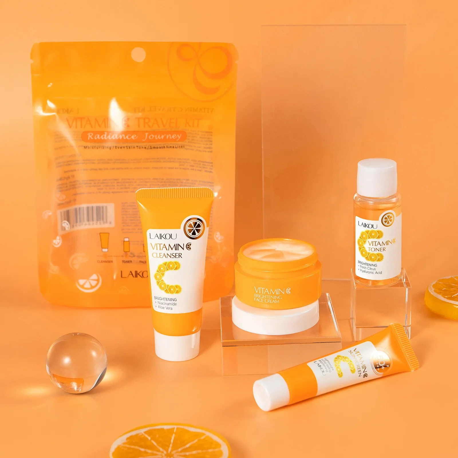 

Набор для ухода за кожей с витамином С, 4 шт., дорожный набор, очищающее средство, тонер, эссенционный крем, солнцезащитный крем, глубокое очищение, увлажняющий уход за лицом