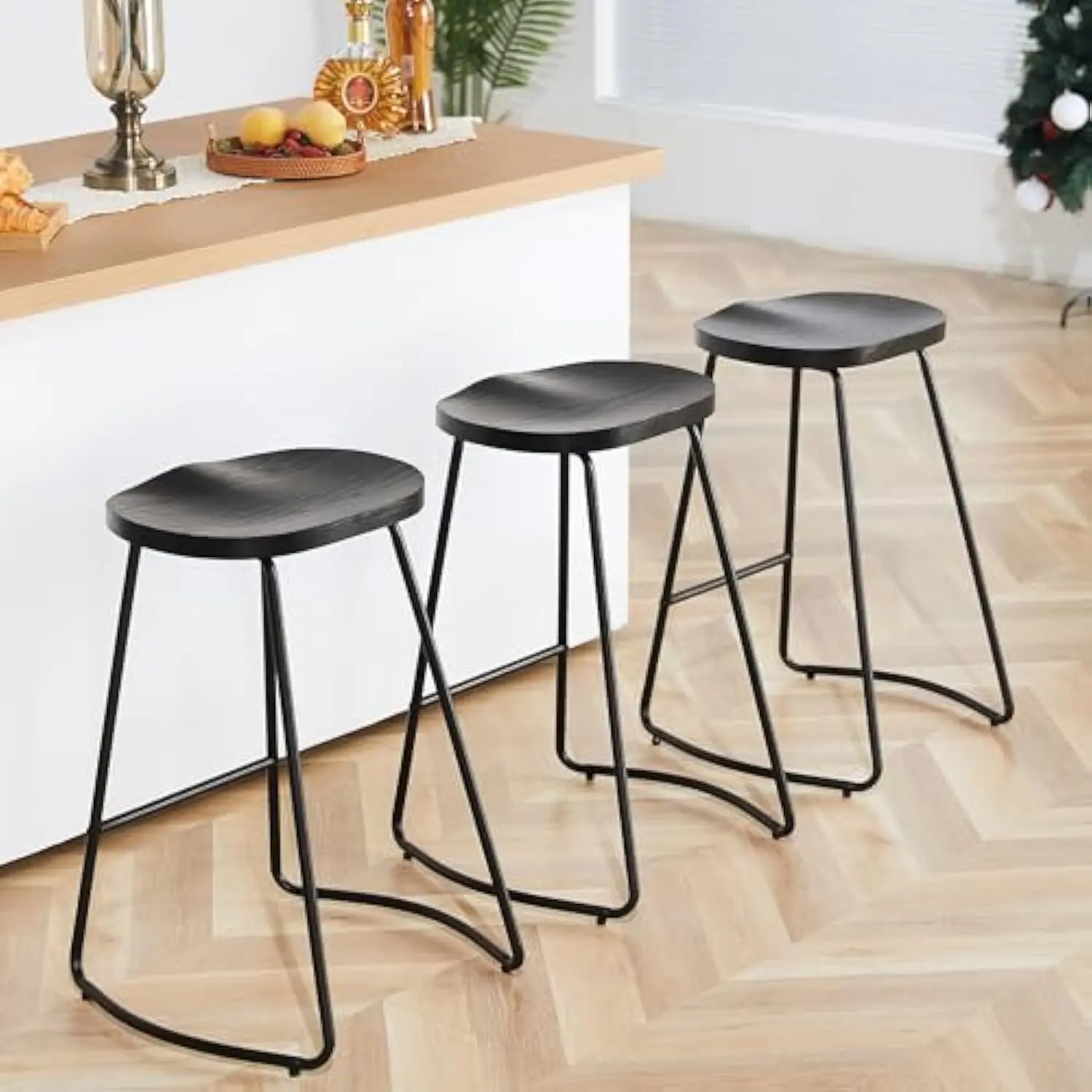 

Bar Stools Set of 3, Counter Height Saddle Seat Bar Stools, 26 Backless Barstool for Kitchen Island, Black Wood Bar Stools Eas