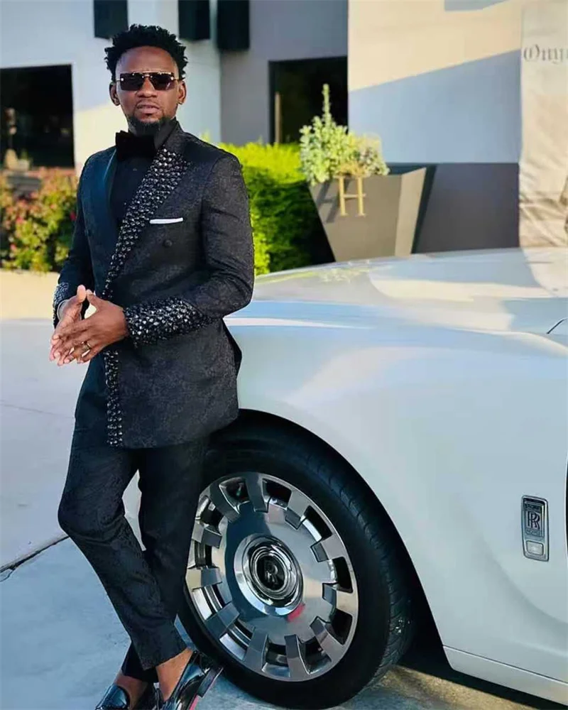 

Jacquard Black Men Suits Set 2 Pcs Blazer+Pant Trousers Wedding Tuxedo Luxury Crystals Formal Office Groom Prom Jacket Coat