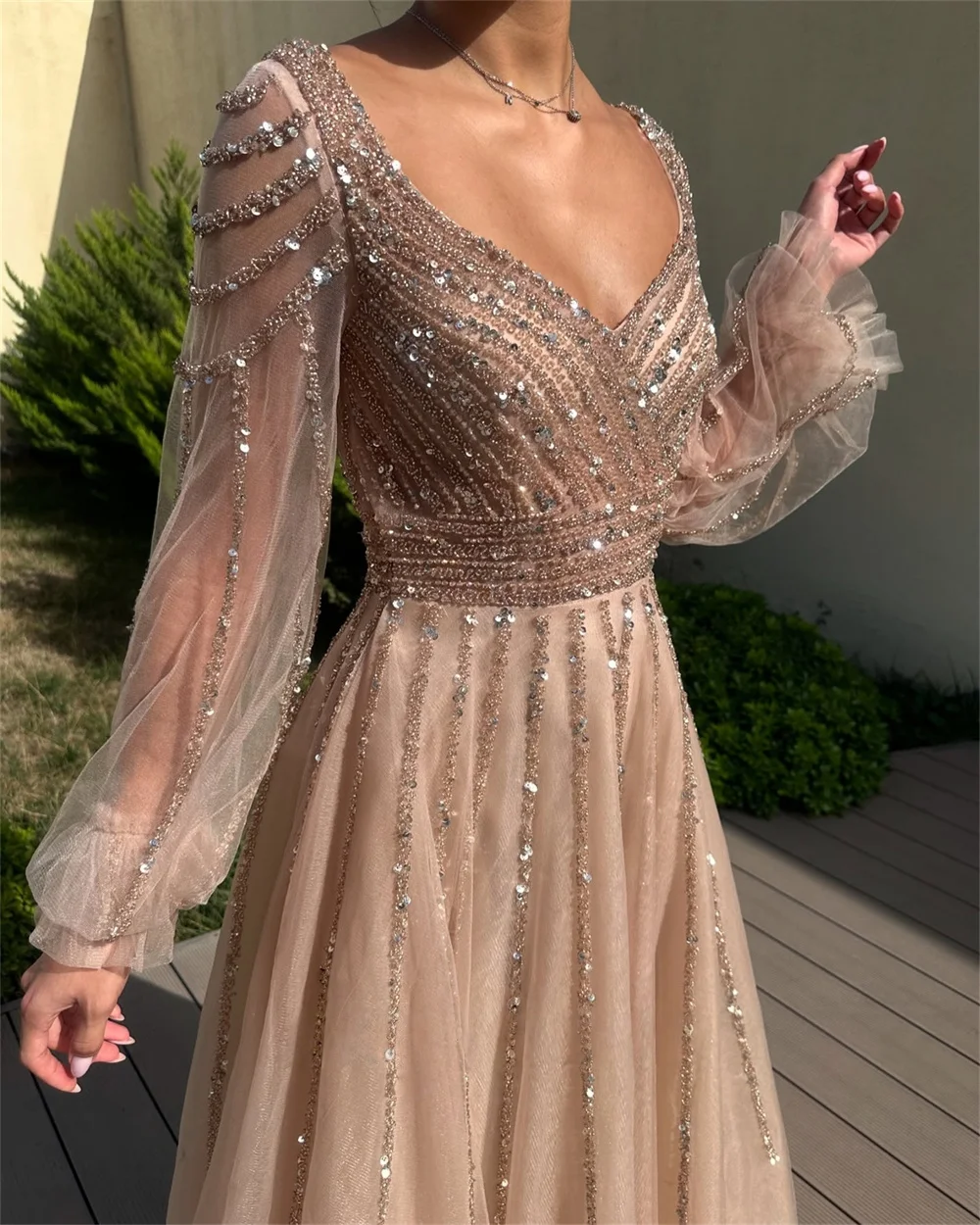 Cathy Customized A-Line V-Neck Beaded Prom Dresses Tulle Long Sleeve vestidos de noiva Elegant Floor-Length Formal Evening 2025 image 3